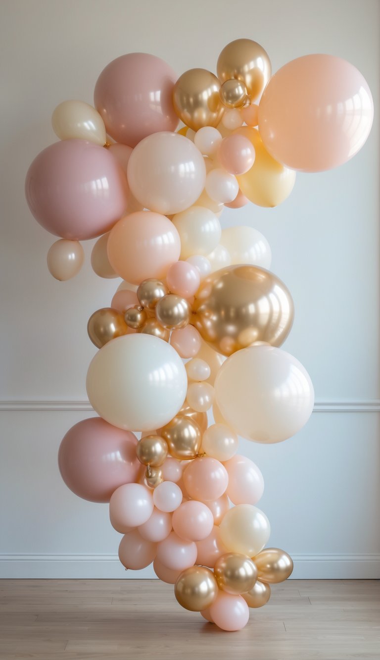 A floating balloon garland made of large and small pastel-colored balloons arranged in a flowing shape against a plain background.
